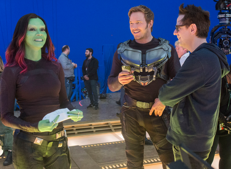 Zoe Saldana, Chris Pratt y James Gunn durante el rodaje.